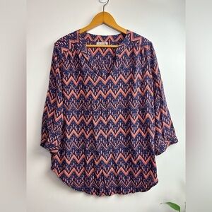 Ellie Kai 100% Silk Sz 10 Zigzag Pattern Boho Long Sleeve Top blouse Orange/Blue